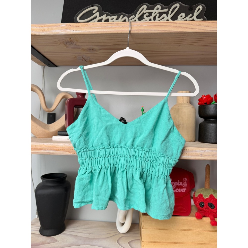 Shinestar Womens Teal Green Smocked Peplum Camisole Top V-Neck Straps M